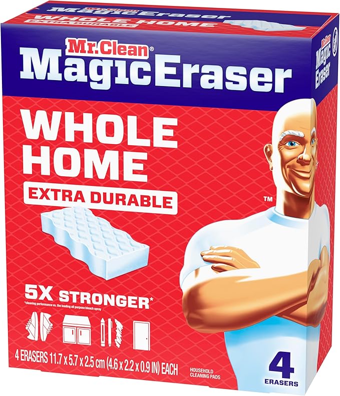 Mr. Clean Magic Eraser Sponge, All Purpose Cleaner, Cleaning Scrubber, Wall, Sneaker, Kitchen, Bathroom, Shower Cleaner, Cleaning Supplies, Melamine Sponge, Cleaning Pads, Extra Durable, 4ct