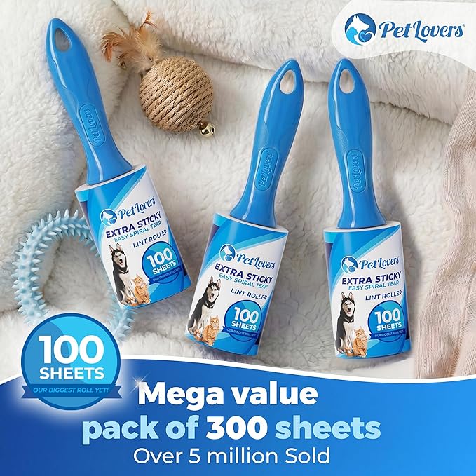 PetLovers Extra Sticky Lint Roller Value Set 300 Sheets for Pet Hair Removal, Dog and Cat Lint Remover 3 Pack