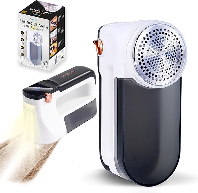 True & Tidy XL Fabric Shaver & Lint Remover Rechargeable Electric Sweater Defuzzer w/ 6-Blade Stainless Steel, 3 Speeds, LED Display, 2 Extra Blades, 3.5 Hrs Runtime for Clothes, Couch, Upholstery