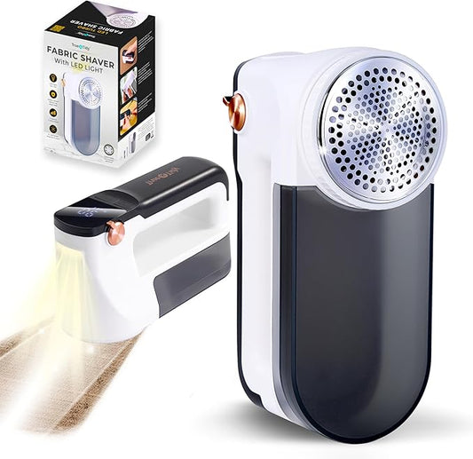 True & Tidy XL Fabric Shaver & Lint Remover Rechargeable Electric Sweater Defuzzer w/ 6-Blade Stainless Steel, 3 Speeds, LED Display, 2 Extra Blades, 3.5 Hrs Runtime for Clothes, Couch, Upholstery