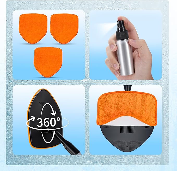 XINDELL Windshield Cleaner Tool, Car Window Cleaning Kit with 4 Reusable Microfiber Pads, Extendable Handle & 360° Rotating Head, Safety Hammer, Streak-Free Auto Glass Wiper for Car Truck SUV RV