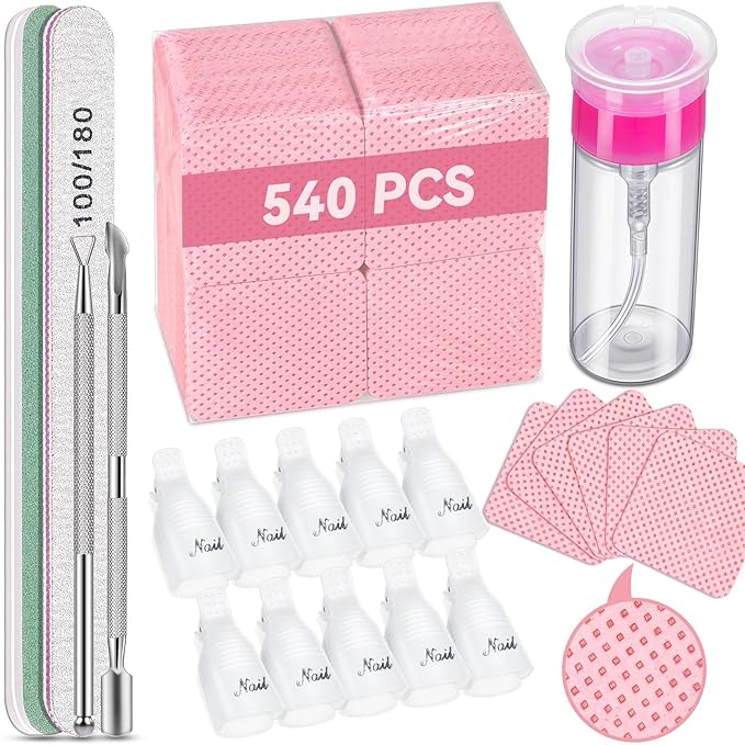 TsMADDTs Gel Nail Polish Remover Kit with Lint Free Wipes, Nail Soak Off Clips, 100ml Nail Polish Remover Bottle, Cuticle Pusher/Peeler, File, Buffer Block