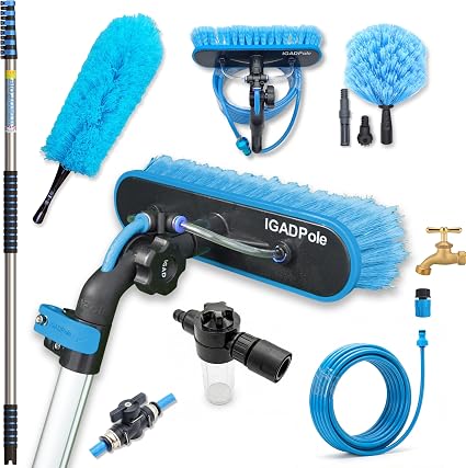 IGADPole 24 FT Washing Kit: Water-fed Brush with Soap Dispenser, Cobweb Dusters, with 6-Stage Telescoping Pole 5-24ft Po