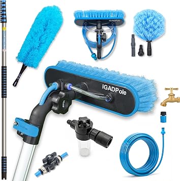 IGADPole 24 FT Washing Kit: Water-fed Brush with Soap Dispenser, Cobweb Dusters, with 6-Stage Telescoping Pole 5-24ft Po