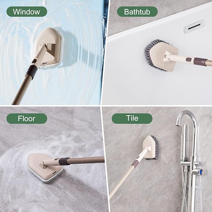 Eyliden Shower Scrubber with Long Handle, Tub and Floor Scrub Brush for Bathroom, Tile, Bathtub, Grout, Sink, 2 Type Cleaning Heads - 1 Stiff Bristle & 2 Non-Scratch Pads, 180° Swivel Head