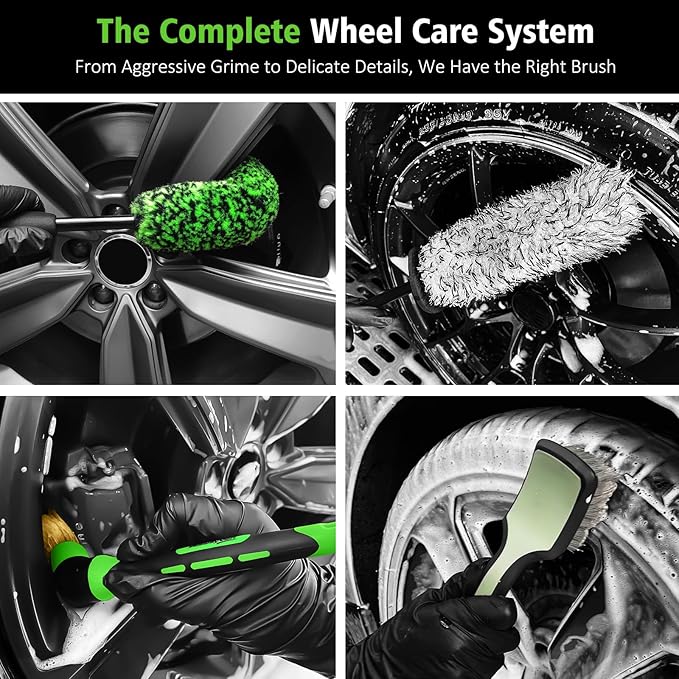 YeewayVeh 4PCS Car Wheel Cleaning Kit, 360° Bendable Wheel Brush with Premium Boar Hair Detailing Brush | Microfiber Scratch-Free Wheel and Tire Brush Kit for Cleaning Wheels,Tires