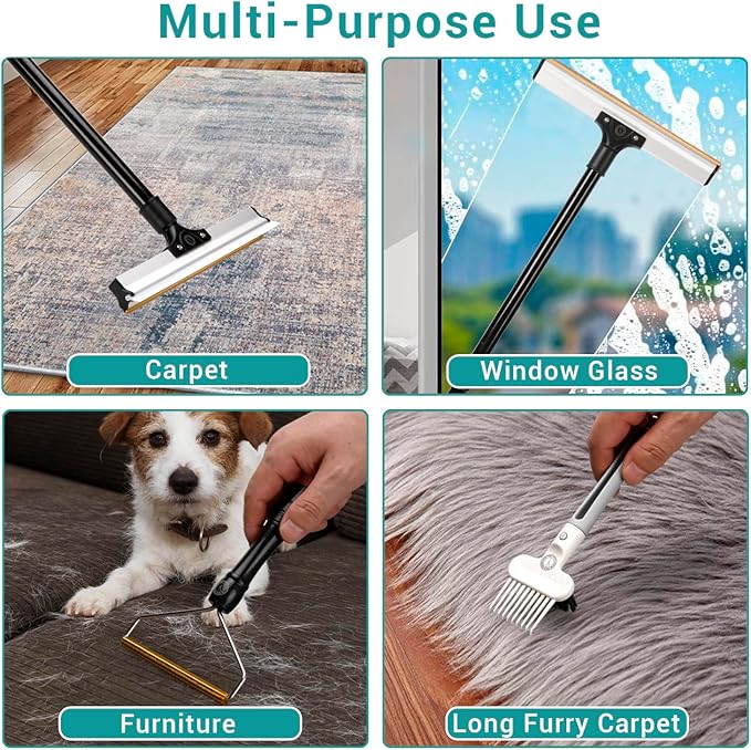 62" Carpet Rake for Pet Hair Removal – Adjustable Carpet Broom Bundle with Carpet Scraper & Hair Picker, Pet Hair Removal Tool for Dog & Cat Hair, Rug Rake Carpet Brush for Furniture & Carpets