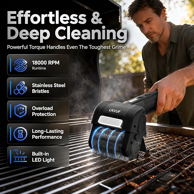 Electric Grill Brush, Grill Cleaner with LED Light, with 800 RPM Motor, 304 Removable Stainless Steel Brush Head, Cordless & Type-C Rechargeable for BBQ, Heavy Duty Grill Cleaning Tool (Black)