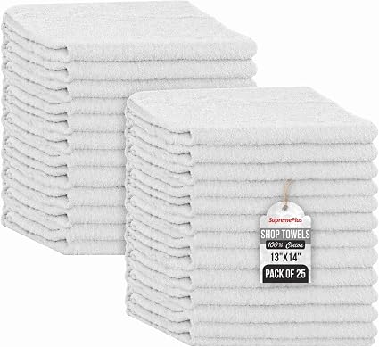 Premium 100% Cotton Shop Towels, 25 Pack, 13”x14”, Reusable White Shop Rags, Multipurpose Cleaning Rags for Oil, Grease,