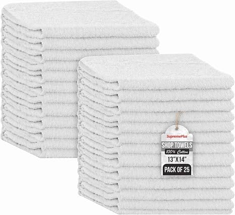 Premium 100% Cotton Shop Towels, 25 Pack, 13”x14”, Reusable White Shop Rags, Multipurpose Cleaning Rags for Oil, Grease,
