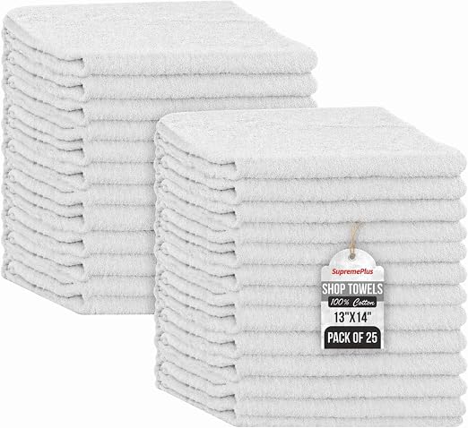 Premium 100% Cotton Shop Towels, 25 Pack, 13”x14”, Reusable White Shop Rags, Multipurpose Cleaning Rags for Oil, Grease,
