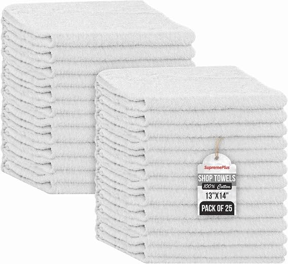 Premium 100% Cotton Shop Towels, 25 Pack, 13”x14”, Reusable White Shop Rags, Multipurpose Cleaning Rags for Oil, Grease,