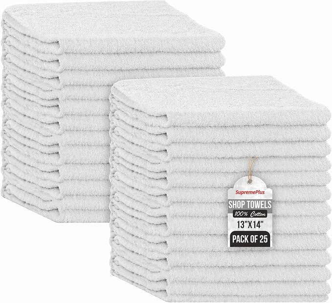 Premium 100% Cotton Shop Towels, 25 Pack, 13”x14”, Reusable White Shop Rags, Multipurpose Cleaning Rags for Oil, Grease,