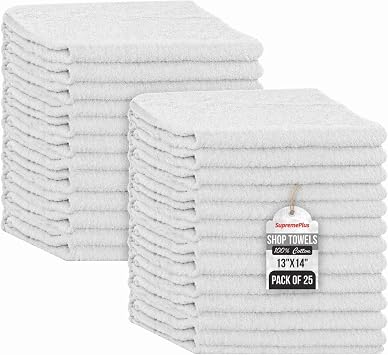 Premium 100% Cotton Shop Towels, 25 Pack, 13”x14”, Reusable White Shop Rags, Multipurpose Cleaning Rags for Oil, Grease,
