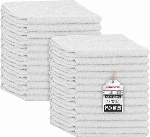 Premium 100% Cotton Shop Towels, 25 Pack, 13”x14”, Reusable White Shop Rags, Multipurpose Cleaning Rags for Oil, Grease,