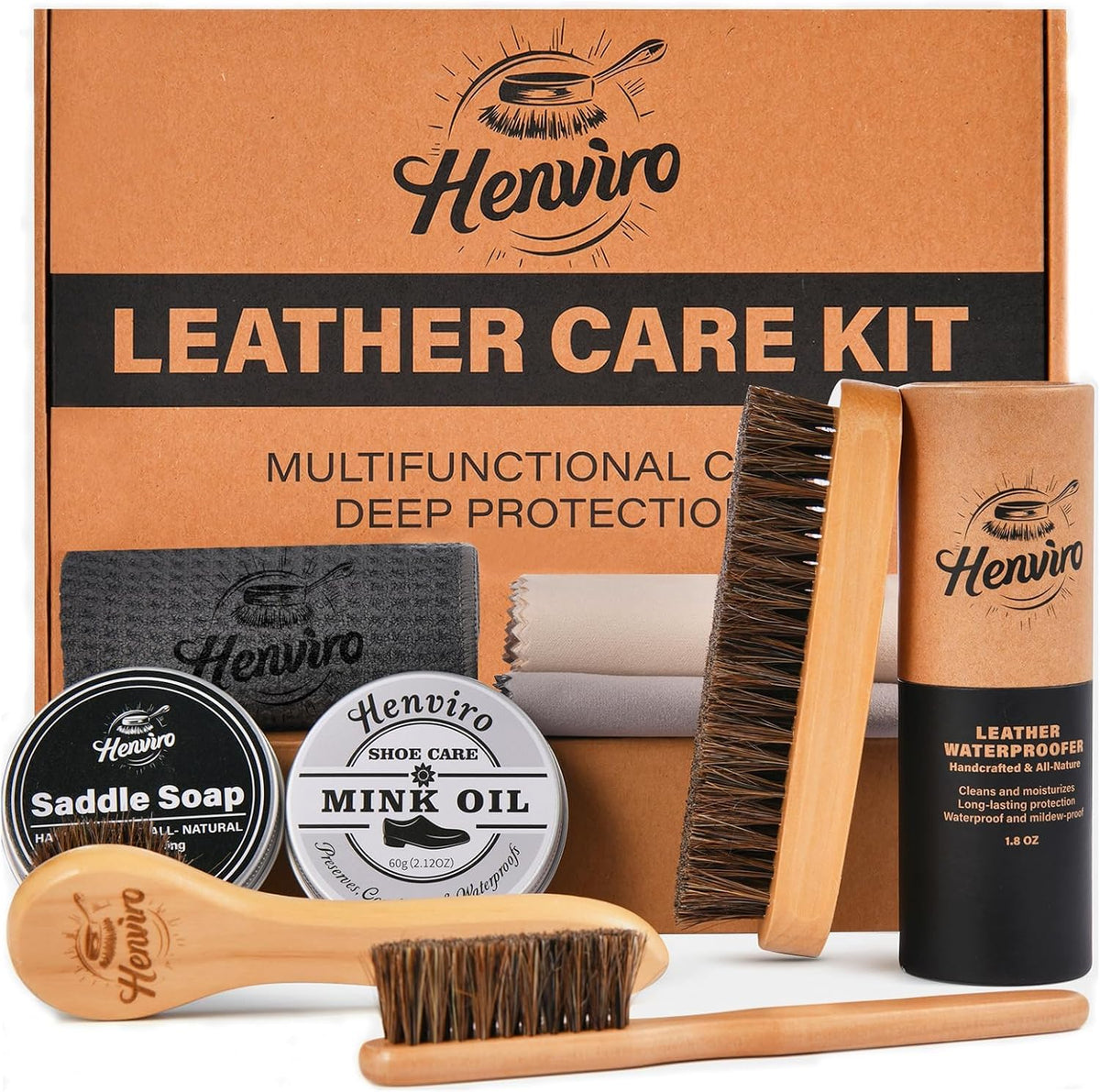 Leather Boot Care Kit – Mink Oil, Saddle Soap for Leather, Shoe Brush, Waterproof Wax, Leather Cleaner and Conditioner