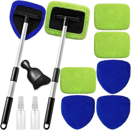 Qydipclin 11pcs Windshield Cleaner Tool, Car Window Cleaning Wash Kit with 6 Reusable Microfiber Pads 2 Spray Bottles and Extendable Handles Auto Glass Wiper Kit, Blue & Green