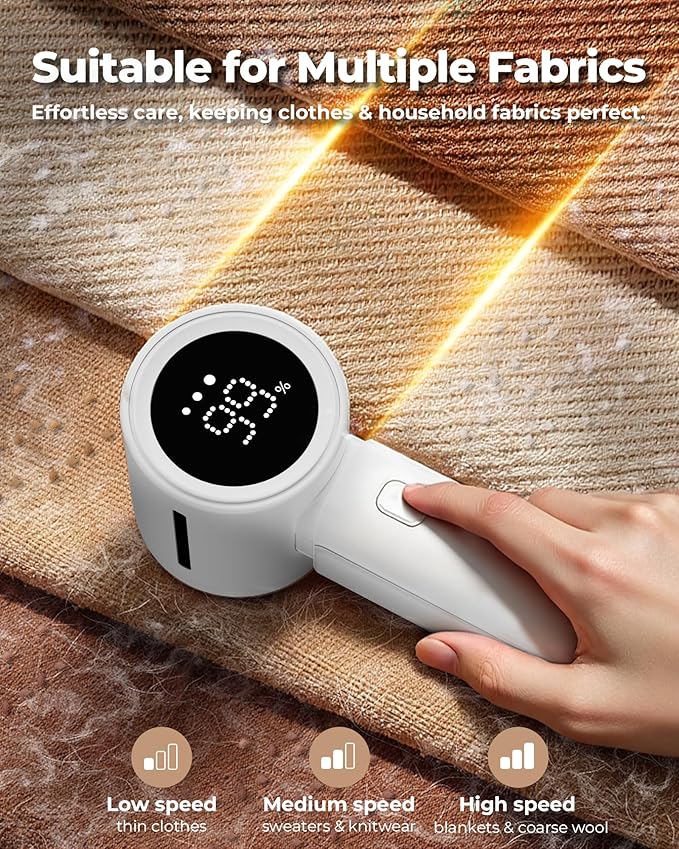 ASNUG Fabric Shaver, Electric Lint Remover, Sweater Shavers to Remove Pilling with 3 Speeds, 6 Leaf Blade, LED Display & Type-C Rechargeable, Removes Fuzz, Pills for Clothes, Furniture