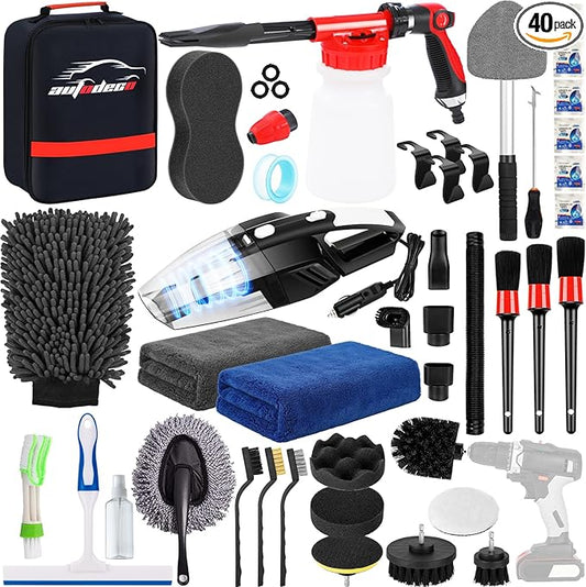 40Pcs Car Wash Detailing Kit Cleaning Kits with Foam Gun Sprayer Vacuum with Long Cord Drill Brush Large Wash Mitt Towels Complete Interior Exterior Car Washing Supply Set Black