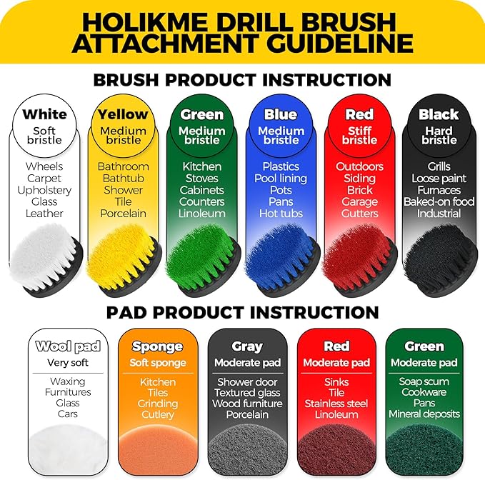 Holikme 11 Piece Drill Brush Attachment Set Scouring Pads Power Scrubber Brush Scrub Pads for Bathroom Surfaces, Floor, Tub, Shower, Grout, Tile, Corners,Cleaning Brush