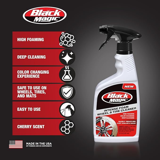 Black Magic 120228 Intense Foam Wheel & Tire Cleaner, High-Foaming Formula for Deep Cleaning, Removes Dirt, Grime & Brake Dust – Safe on All Wheels, 22 Fl Oz