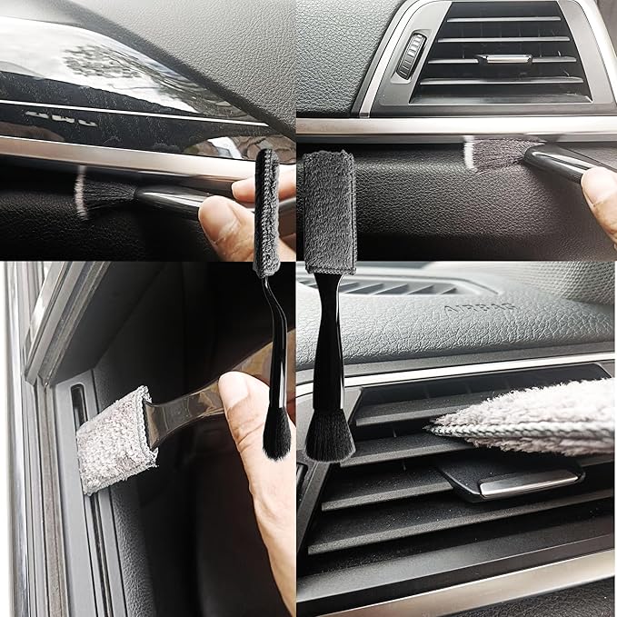 Car Interior Brush and Vent Cleaner Set - Premium Soft Fur Leather Brush & Dual-Ended Detailing Brush for Car Detailing, Vents, Crevices - 2.75inch Ball Head & 8.6inch Gap Brush