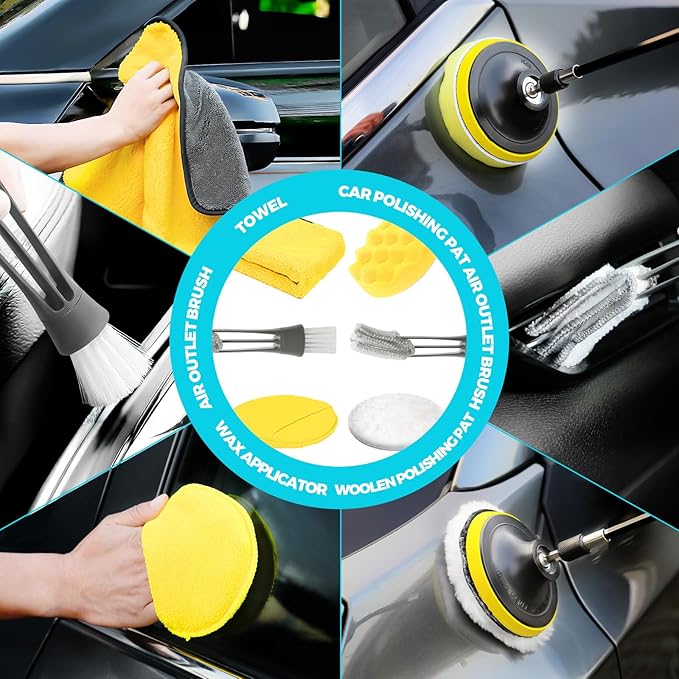 ALFLOD 30Pcs Car Detailing Kit, Car Wash Cleaning Kit, Auto Detailing Drill Brush Set, Car Cleaning Gel, Car Cleaning Supplies for Interior, Exterior, Wheels, Windows