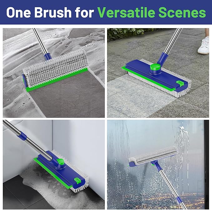 Floor Scrub Brush with Long Handle: 3 in 1 Heavy-Duty Floor Scrubber Brush with Squeegee for Cleaning Tile Bathroom Deck Kitchen Patio - Blue