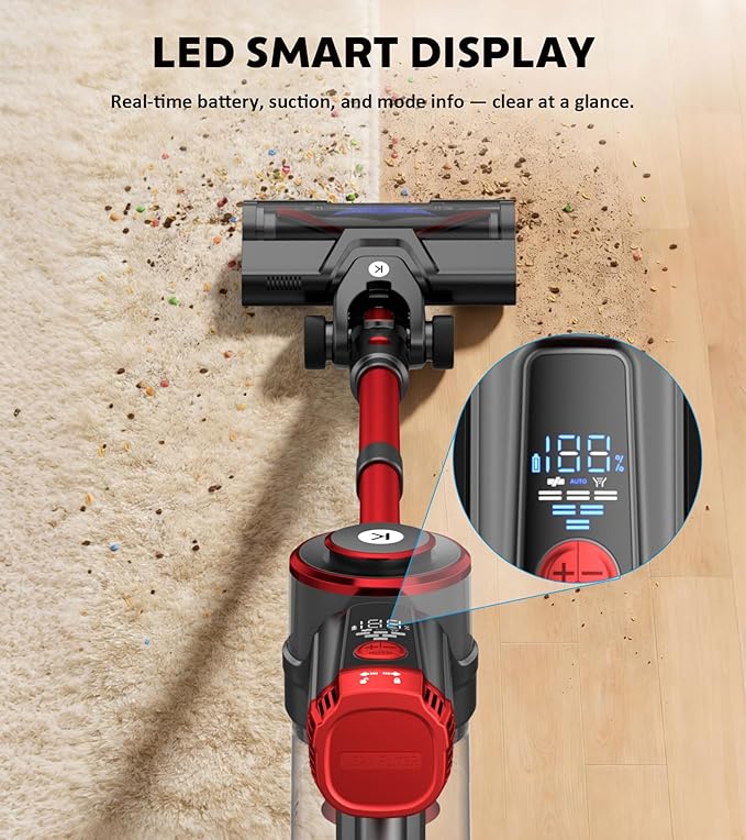 Cordless Vacuum Cleaner, 650W 55KPa Powerful Stick Vacuum, 70-Min Runtime, Self-Standing, Anti-Tangle Brush, OLED Display, Vacuum for Carpet, Hardwood Floors & Pet Hair