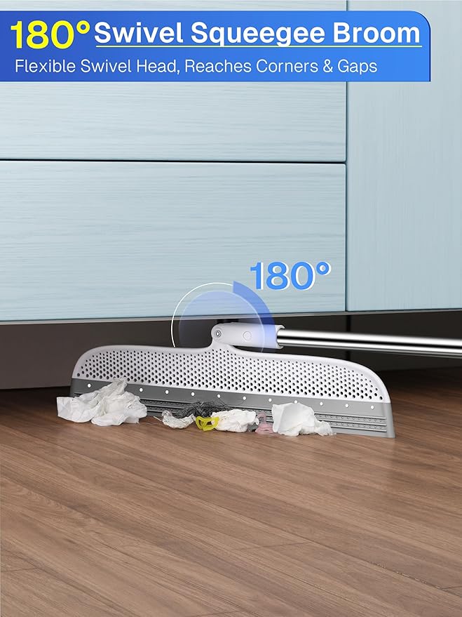 Silicone Floor Squeegee, 180° Rotating Air Broom, Squeegee for Floor with a Long Handle, Magic Broom for Water and Pet Hair Removal on Bathroom Floors, Tile, Deck and Glass, Indoor Cleaning Tool