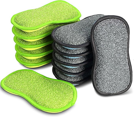 12 Pack Multi-Purpose Scrub Sponges for Kitchen by SmilePowo Non-Scratch Microfiber Sponge Along with Heavy Duty Scouring Power - Effortless Cleaning of Dishes, Pots and Pans