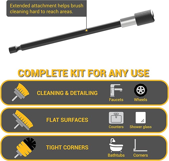 SCRUBIT Drill Brush Attachment Set - Power Scrubber Tile and Grout Tool - Use for Kitchen, Shower, Bathtub and Floor Surface - All Purpose Household Cleaning Kit Includes 3 Brushes with A Bit Extender