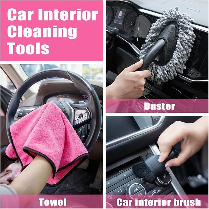 Windshield Cleaner Tool, 17Pcs Car Interior Detailing Kit, Detailing Brush, Towels, Duster, Car Cleaning Kit Interior for RVs, Truck, Trailer (Pink)