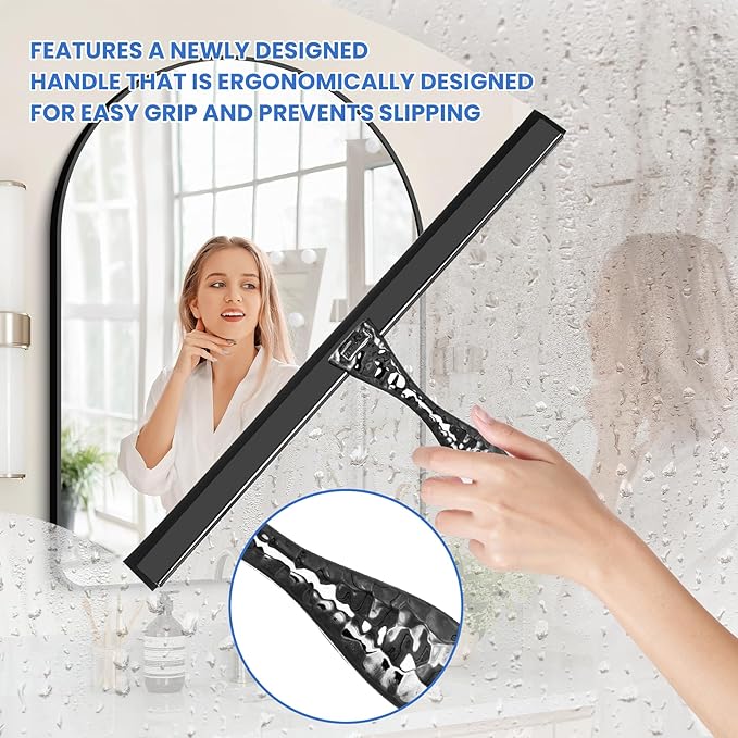 All-Purpose Silicone Shower Squeegee for Shower Glass Door,with 2 Hooks & Pink Mini Squeegee,for Bathroom Glass, Car, Tile Wall, Mirror Cleaning - Easy-Grip Handle 14 Inch Black