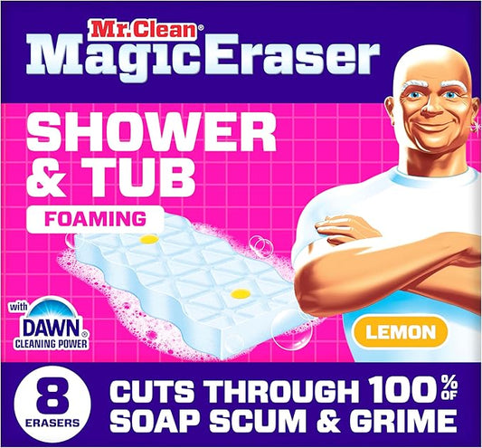 Mr. Clean Magic Eraser Sponge, Bathroom, Shower, Tub Cleaner, Soap Scum Remover, Bathroom Cleaning Supplies, Dawn Cleaning Power with Lemon Scent, Shower & Tub, 8ct