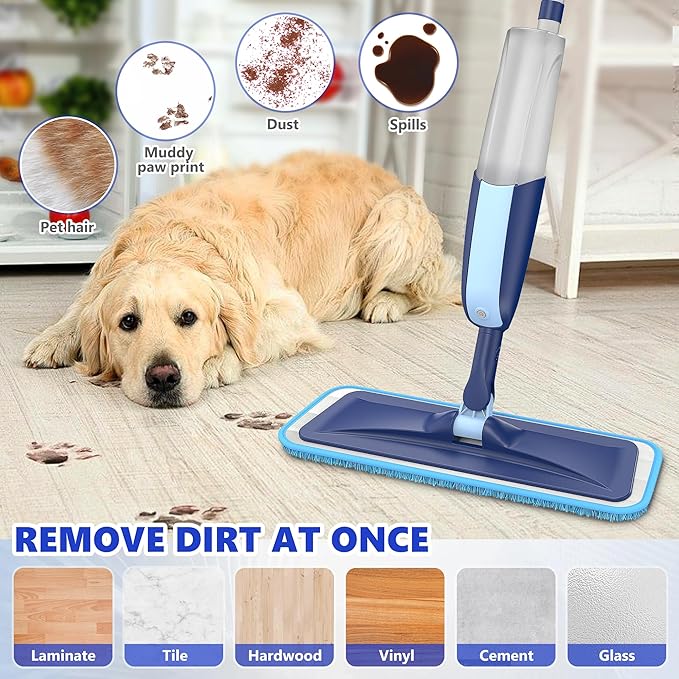 Microfiber Wet Spray Mops for Hardwood Floor Cleaning, Dry Wet Dust Wood Floor Mop with 4 Reusable Washable Mop Pads Refills Fit for Swiffer Power Mop, Flat Floor Mop for Laminate Ceramic Vinyl Tile
