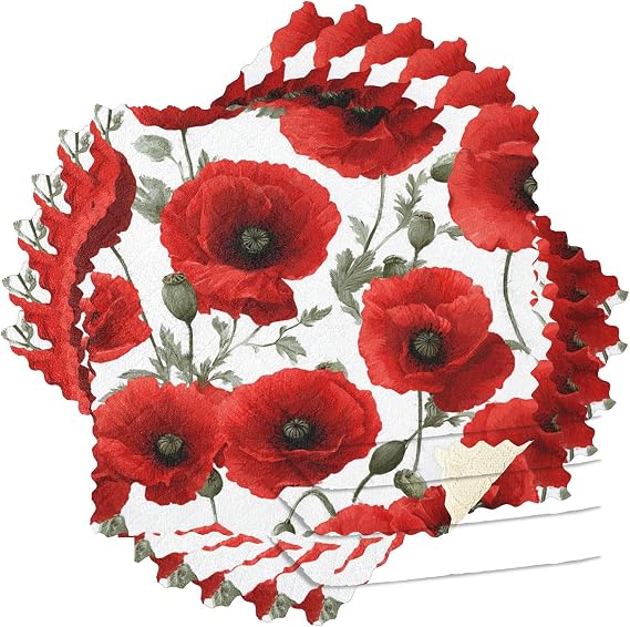 Poppy 6 Pieces Kitchen Dish Cloths Poppies Flower Floral Washable Cleaning Cloth Absorbent Dish Towels for Washing Dishe