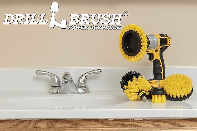 Yellow Drill Brush Attachments for Cleaning Shower, Grout, Bathroom - Grout Cleaner Drillbrush Kit - Rotary Scrub Brush Tile Cleaner Drill Attachment for Crevice Cleaning - Bathroom Tile Scrubber Set