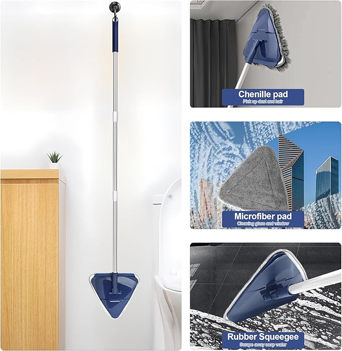 Wall Cleaner Mop with 82" Handle, 360° Rotating Triangle Head and Microfiber Pads, Built-in Squeegee for Ceiling Mop, Baseboard Cleaning and Windows