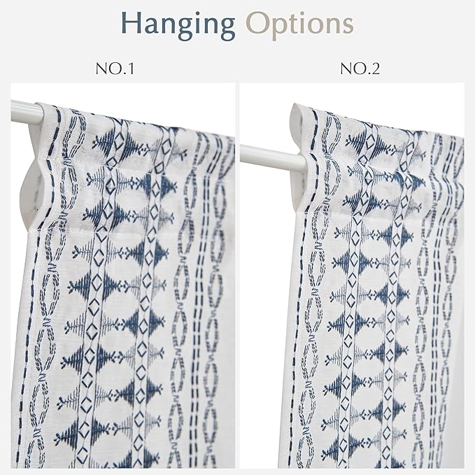 jinchan French Door Curtain Privacy Boho Embroidered Semi Sheer Voile Front Curtain for Window Doorway Closet, Door Panel with Tieback Rod Pocket 1 Panel (Blue on White, 55W x 72 L Inch)