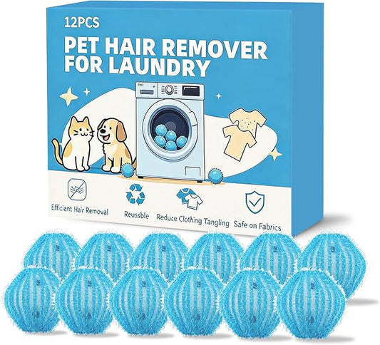 12 Pack Pet Hair Remover for Laundry, Reusable Dog & Cat Hair Catcher, Washer & Dryer Safe Laundry Balls, Anti-Tangle Design, Helps Remove Lint & Fur from Clothes, Bedding & Blankets (Blue)