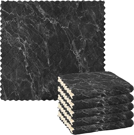 Black Marble Kitchen Towels and Dishcloths Set Absorbent Reusable 6 Pack Fast Drying Dish Rags for Cleaning Soft Polyest