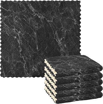 Black Marble Kitchen Towels and Dishcloths Set Absorbent Reusable 6 Pack Fast Drying Dish Rags for Cleaning Soft Polyest