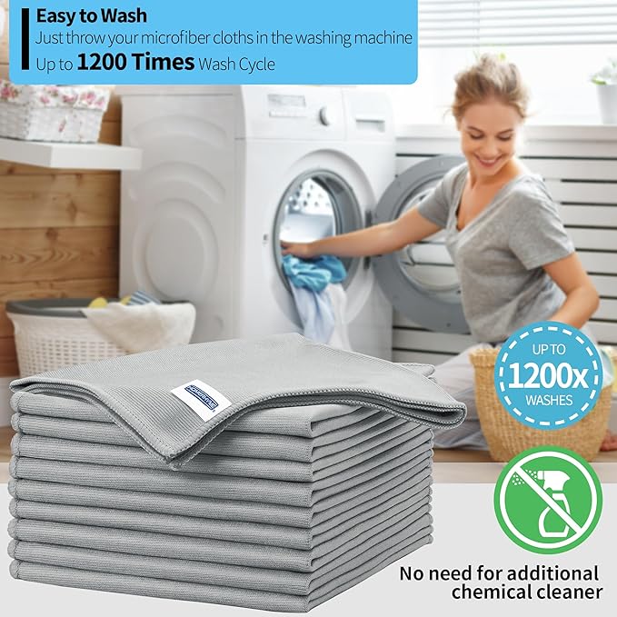 Microfiber Cleaning Cloth - 10 Pack Glasses Cleaning Cloth, 16" x 14" Window Cleaning Rags, Streak Free Lint Free Polishing Cloths Wipes for Eye Glass, Stainless Steel, Windshield, Grey