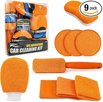 9Pcs Car Wash Detailing Kit Cleaning Kits,with Wash Mitt Wax Applicator Pad Tire Brush Sponge Microfiber Cleaning Cloths