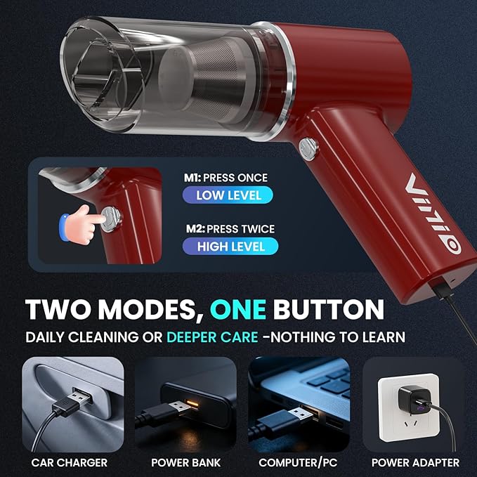 Vinid 8000mAh Cordless Car Vacuum Cleaner, 80W High Power Handheld Vacuum with Strong Suction, Portable Air Duster/Blower, Type-C Fast Charging for Car, Home, Office Desk, Pet Hair, Red