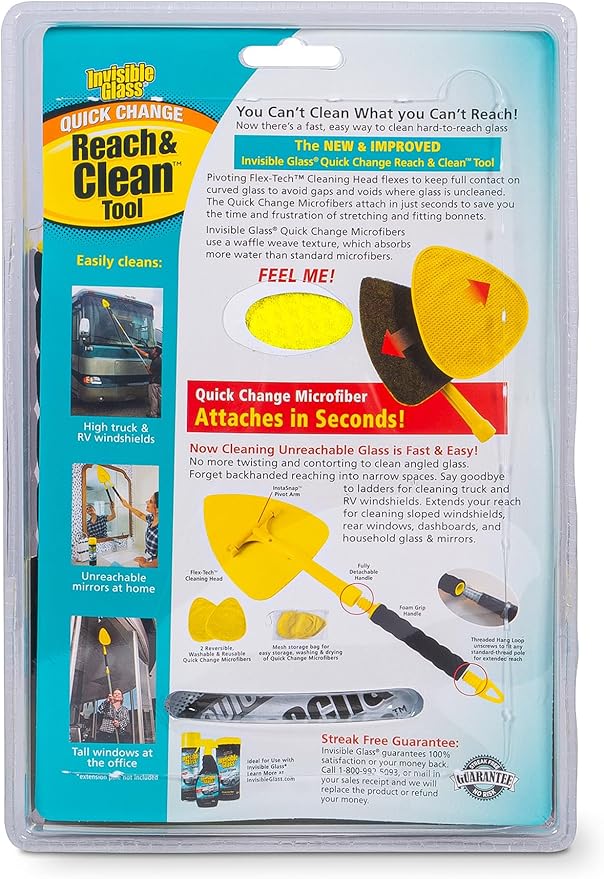 Invisible Glass 95160 Reach & Clean GlassWindshieldCleaner ToolKit With ExtendableHandle, ReusableQuickChange Microfibers,StorageBag for AutoWindshield,Trucks, SUVs, RVs,Windows (Pack of 4)