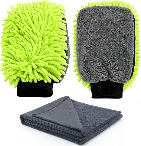 3-Piece Car Wash Kit: 2 Scratch-Free Chenille Microfiber Wash Mitts + 1 Large 400GSM Drying Towel, Lint-Free Auto Cleani