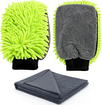 3-Piece Car Wash Kit: 2 Scratch-Free Chenille Microfiber Wash Mitts + 1 Large 400GSM Drying Towel, Lint-Free Auto Cleani