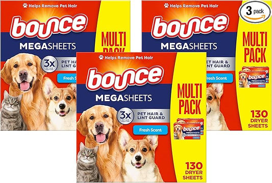 Bounce Pet Hair and Lint Guard Mega Dryer Sheets with 3X Pet Hair Fighters, Fresh Scent, 130 Count (Pack of 3)